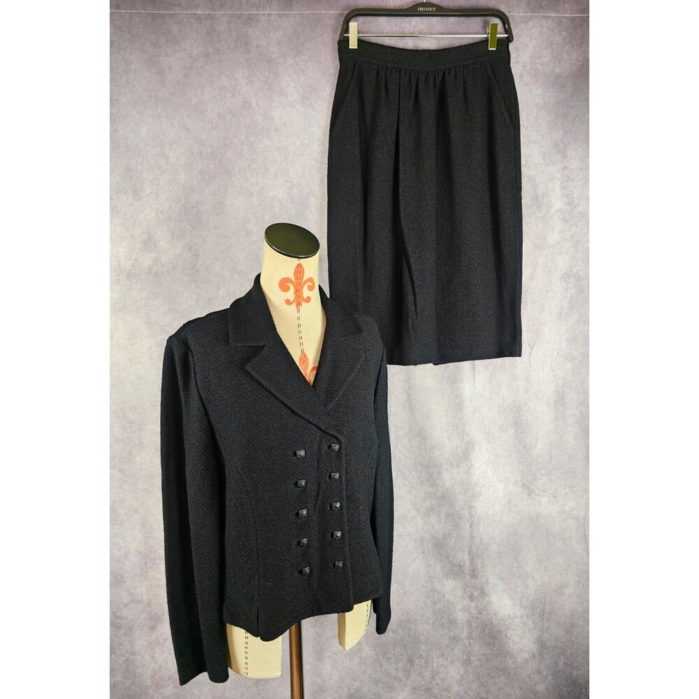 St. John Collection Suit Jacket 10 Skirt 6 Black Boucle Knit Dbl Breasted EUC!